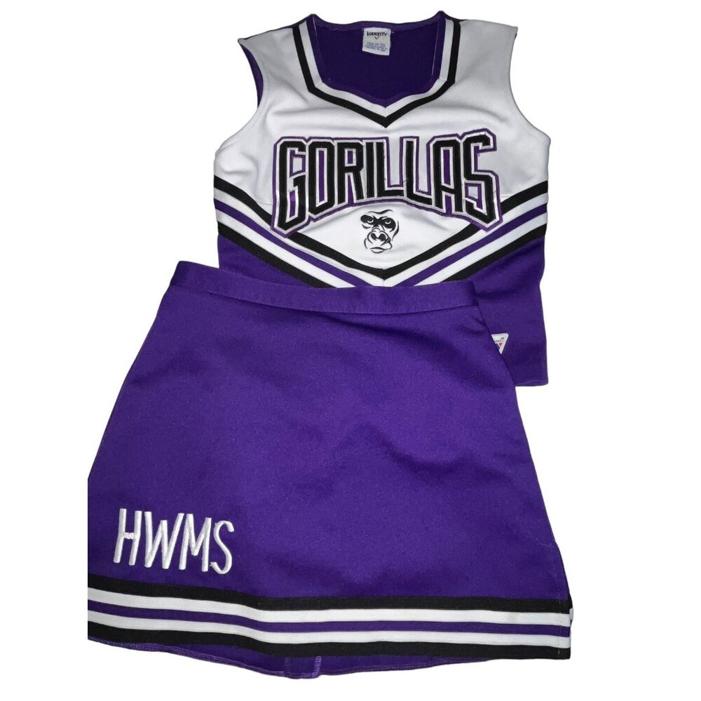 Real Varsity Cheerleader Uniform Outfit Costume Purple Black 34" Top 28 Skirt